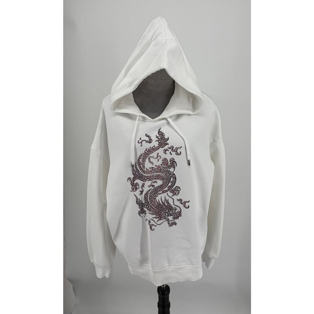 Maje White Rhinestone Dragon Graphic Oversized Hoodie Sweatshirt Y2K